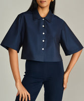 Navy Blue Egyptian Cotton Cropped Bowling Shirt