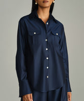 Navy Blue Egyptian Cotton Oversized Long-Sleeved Shirt