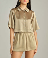 Olive Silk Cropped Bowling Shirt