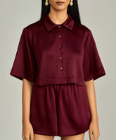 Burgundy Silk Cropped Bowling Shirt