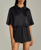 Black Silk Cropped Bowling Shirt