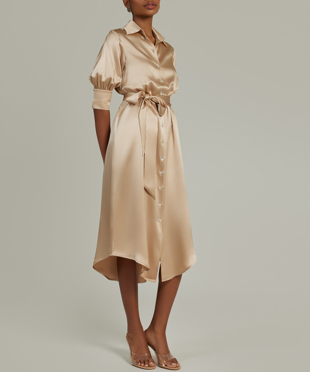 champagne satin shirt dress Dreams Do Come True Satin Shirt Dress