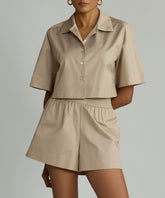 Khaki Brown Egyptian Cotton Cropped Bowling Shirt