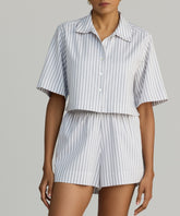 Grey Striped Cotton Tencel Cropped Bowling Shirt