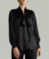 Black Silk Long-Sleeved Tie-Neck Top