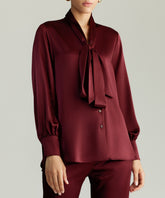 Burgundy Silk Long-Sleeved Tie-Neck Top