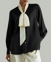 Black and Cream Silk Long-Sleeved Tie-Neck Top