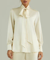 Cream Silk Long-Sleeved Tie-Neck Top