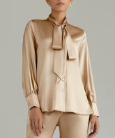 Champagne Silk Long-Sleeved Tie-Neck Top