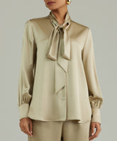 Olive Silk Long-Sleeved Tie-Neck Top