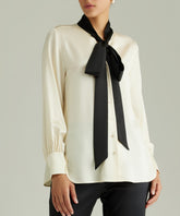 Cream and Black Silk Long-Sleeved Tie-Neck Top