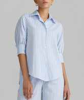 Blue Striped Cotton Tencel Short-sleeved Shirt