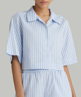 Blue Striped Cotton Tencel Cropped Bowling Shirt