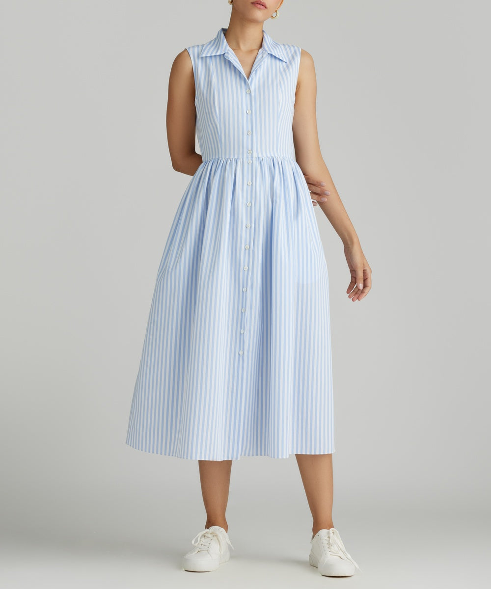 Blue Striped Cotton Tencel Long Tennis Dress | Refined Revolution Blue Striped Cotton Tencel Long Tennis Dress | Refined Revolution