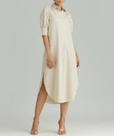 Gold Striped Cotton Tencel Long Shirt Dress