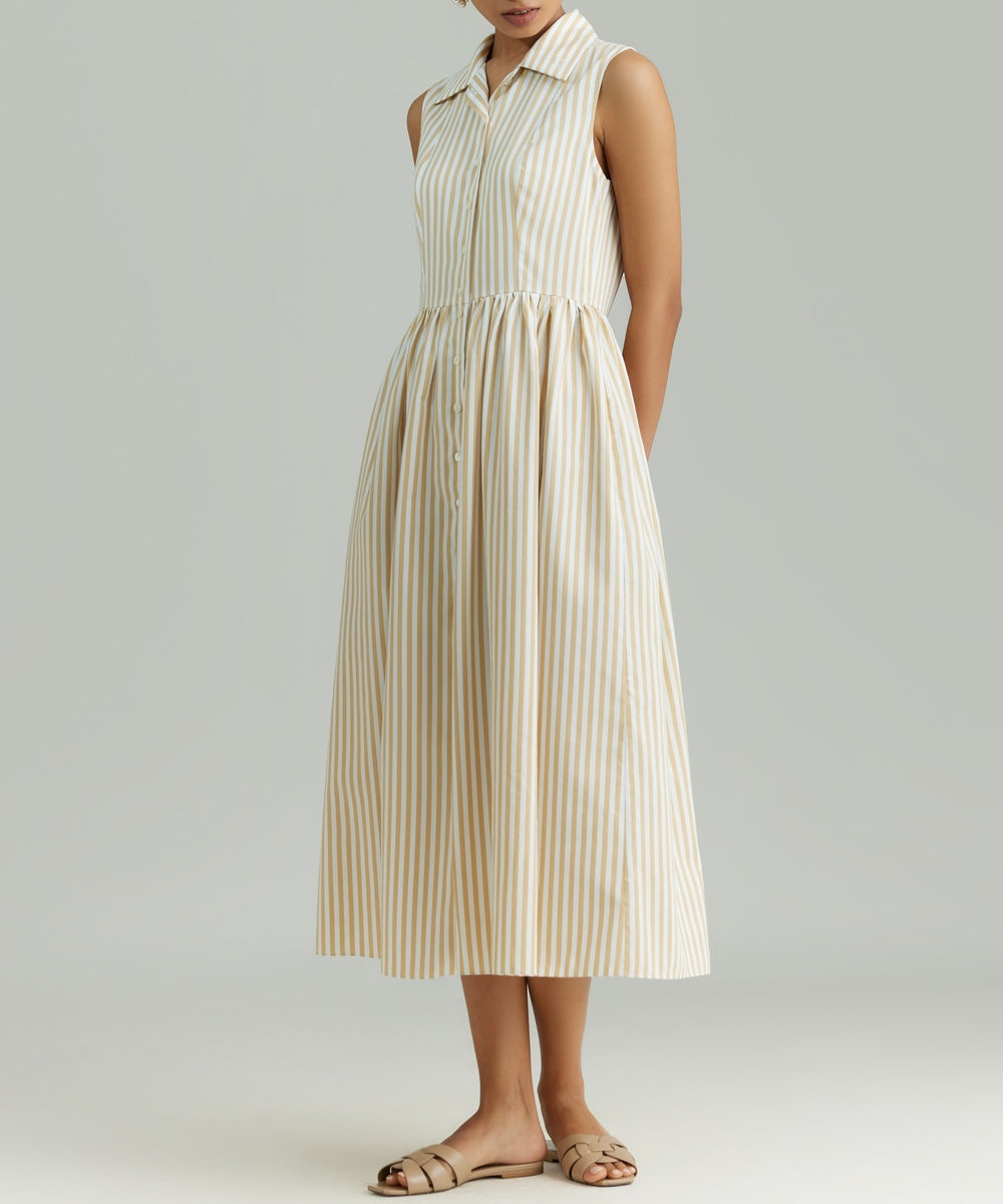 Gold Striped Cotton Tencel Long Tennis Dress Gold Striped Cotton Tencel Long Tennis Dress