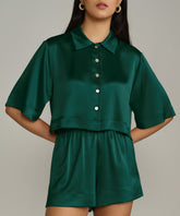 Emerald Silk Cropped Bowling Shirt