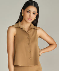 Camel Stretch Suiting Sleeveless Top