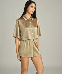 Olive Silk Cropped Bowling Shirt