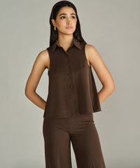 Chocolate Brown Stretch Suiting Sleeveless Top