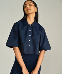 Navy Blue Egyptian Cotton Cropped Bowling Shirt