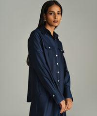 Navy Blue Egyptian Cotton Oversized Long-Sleeved Shirt