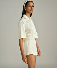 Cream Silk Cropped Bowling Shirt