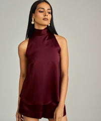 Burgundy Silk Tie-Neck Top