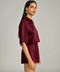 Burgundy Silk Cropped Bowling Shirt