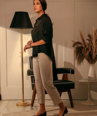 Beige Stretch Suiting Cigarette Trousers