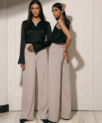 Beige Stretch Suiting Wide-Leg Trousers