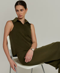 Military Green Stretch Suiting Sleeveless Top
