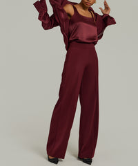 Burgundy Stretch Suiting Wide-leg Trousers