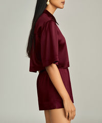 Burgundy Silk Cropped Bowling Shirt