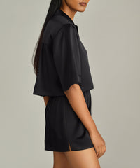 Black Silk Cropped Bowling Shirt