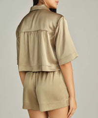 Olive Silk Cropped Bowling Shirt