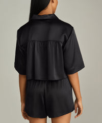 Black Silk Cropped Bowling Shirt