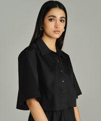 Black Egyptian Cotton Cropped Bowling Shirt