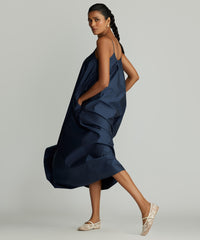 Navy Blue Egyptian Cotton Long Trapeze Dress