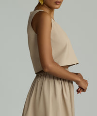 Khaki Brown Egyptian Cotton Cropped Sleeveless Top