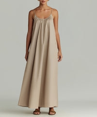 Khaki Brown Egyptian Cotton Long Trapeze Dress