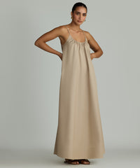 Khaki Brown Egyptian Cotton Long Trapeze Dress