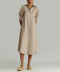 Khaki Brown Egyptian Cotton Long Shirt Dress