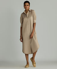 Khaki Brown Egyptian Cotton Long Shirt Dress