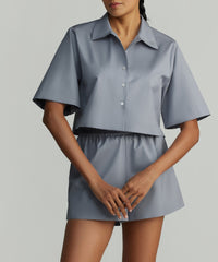 Powder Blue Egyptian Cotton Cropped Bowling Shirt