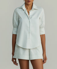 Pistachio Striped Cotton Tencel Short-Sleeved Shirt