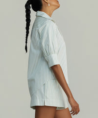 Pistachio Striped Cotton Tencel Short-Sleeved Shirt