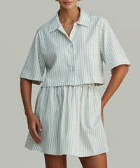 Pistachio Striped Cotton Tencel Cropped Bowling Shirt