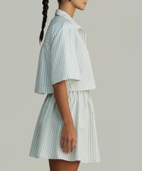 Pistachio Striped Cotton Tencel Cropped Bowling Shirt