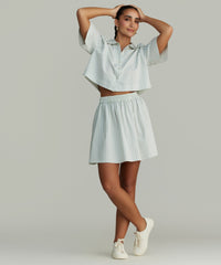 Pistachio Striped Cotton Tencel Cropped Bowling Shirt